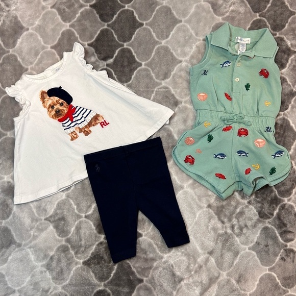 Ralph Lauren Baby Dog Cotton Jersey Tee/ Legging Set & Beach Romper- Size 0-3M - Picture 4 of 12